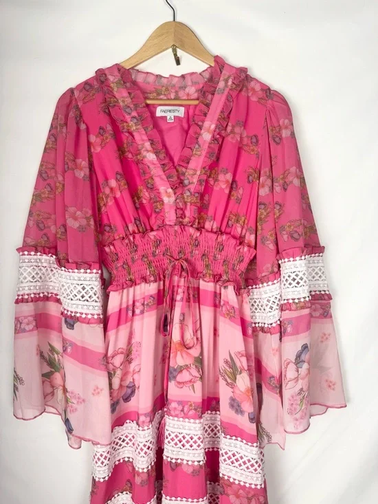 Whimsical Faeriesty Pink Floral Boho Style Maxi Dress with Lace Trim Size M - Picture 2 of 9